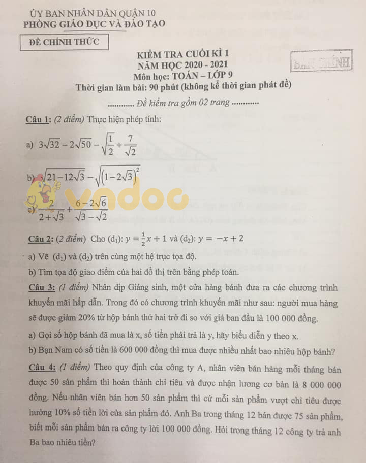 Đề thi học kì 1 Toán 9 Phòng GD&ĐT Quận 10 năm 2020 - 2021