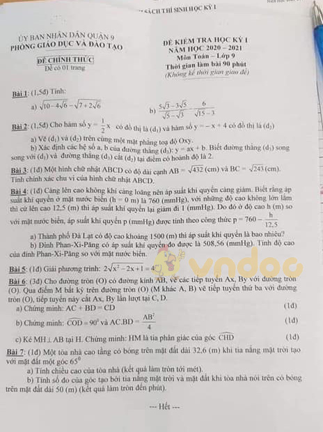Đề thi học kì 1 Toán 9 Phòng GD&ĐT Quận 9 năm 2020 - 2021