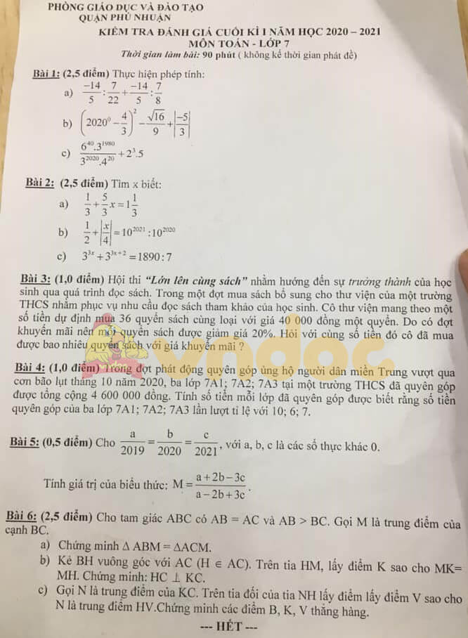Đề thi học kì 1 lớp 7 môn Toán