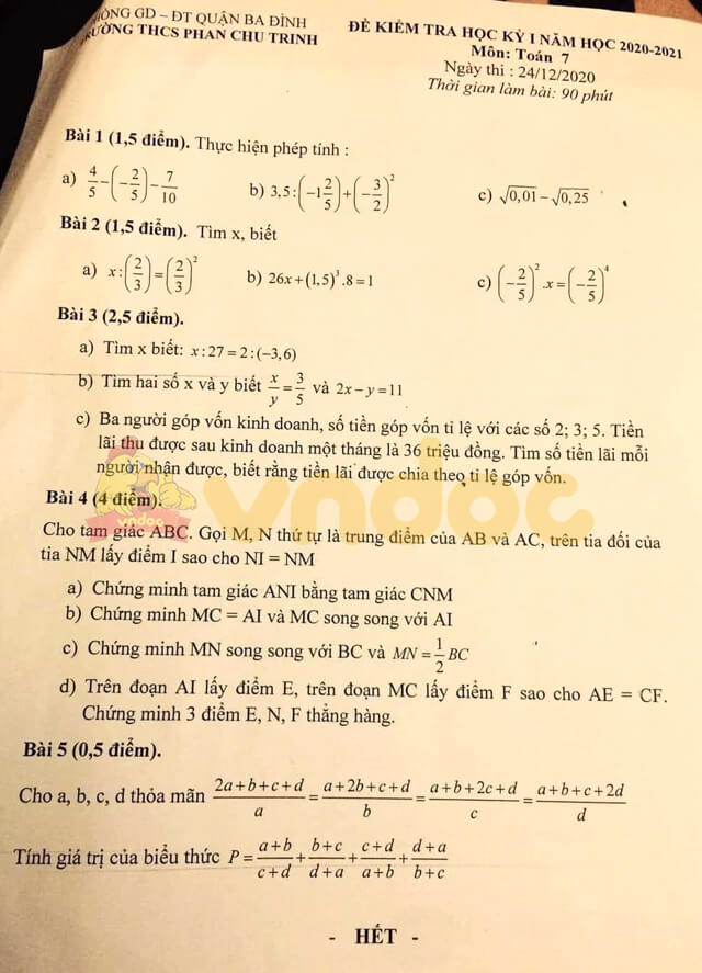 Đề thi học kì 1 lớp 7 môn Toán