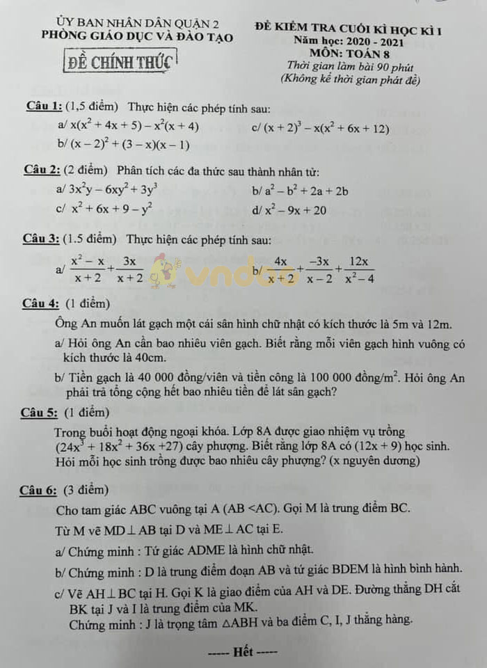 Đề thi học kì 1 Toán 8 Phòng GD&ĐT Quận 2 năm 2020 - 2021
