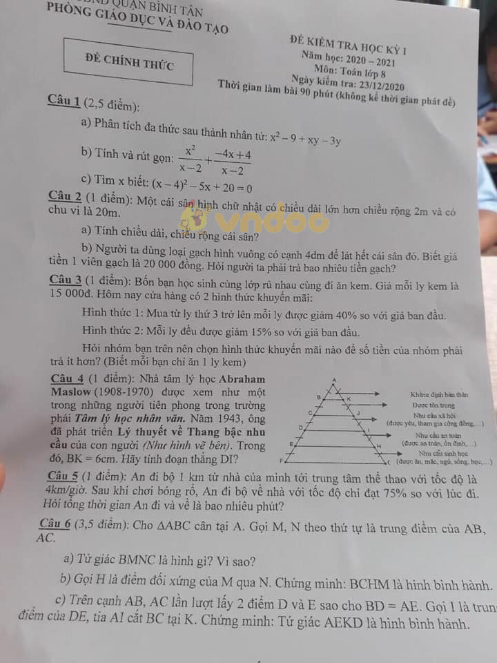 Đề thi học kì 1 Toán 8 Phòng GD&ĐT quận Bình Tân năm 2020 - 2021