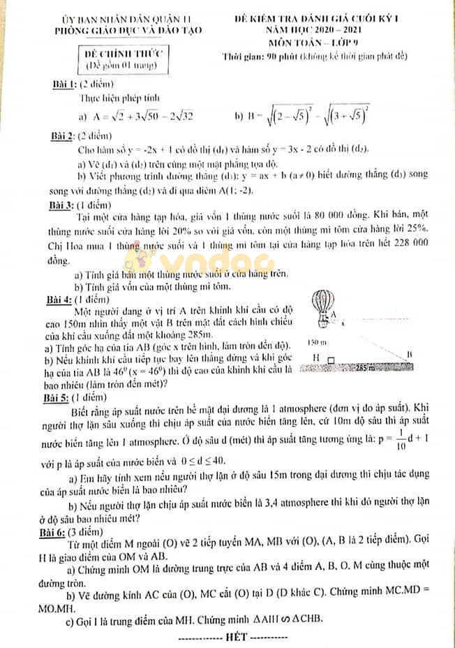 Đề thi học kì 1 Toán 9 Phòng GD&DT Quận 11 năm 2020 - 2021