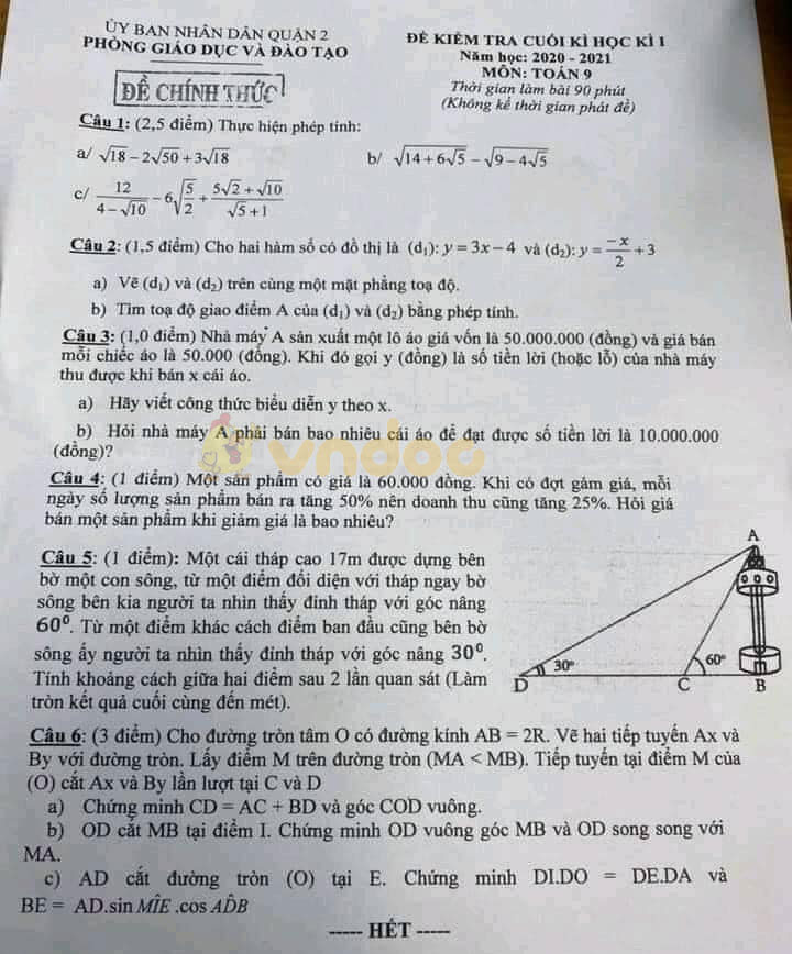 Đề thi học kì 1 Toán 9 Phòng GD&ĐT Quận 2 năm 2020 - 2021
