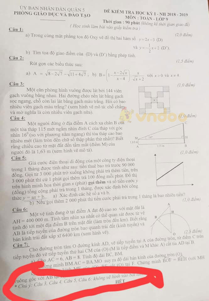 Đề thi học kì 1 Toán 9 Phòng GD&DT Quận 5 năm 2020 - 2021