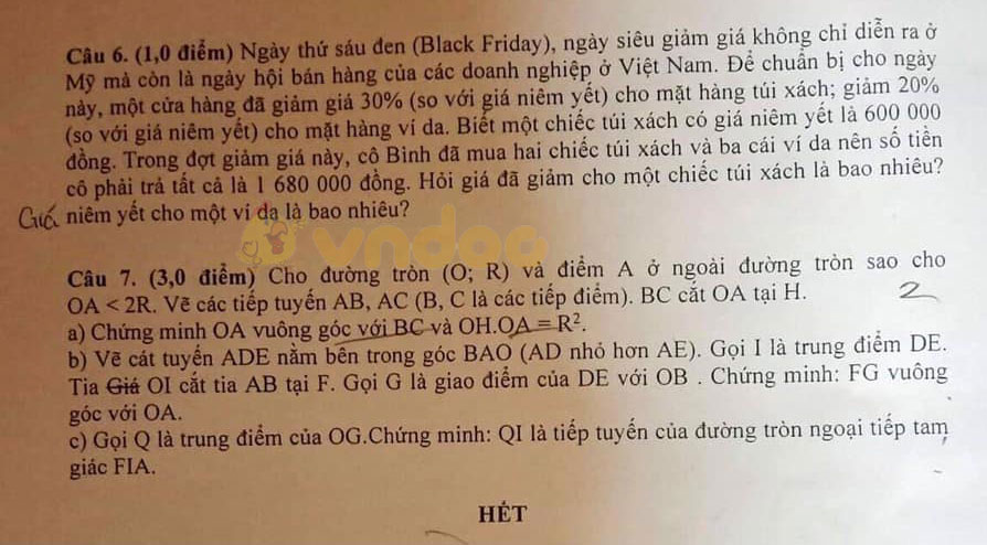 Đề thi học kì 1 Toán 9 Phòng GD&ĐT Quận 7 năm 2020 - 2021