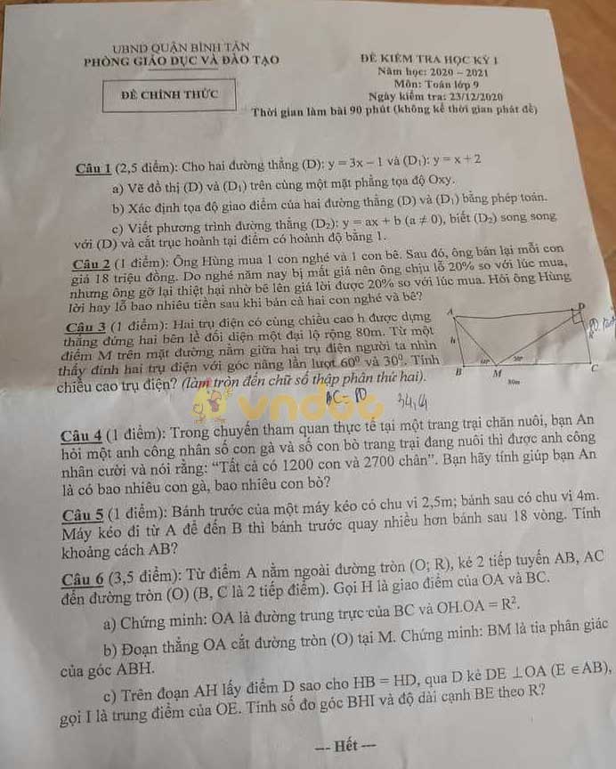 Đề thi học kì 1 Toán 9 Phòng GD&DT Quận Bình Tân năm 2020 - 2021