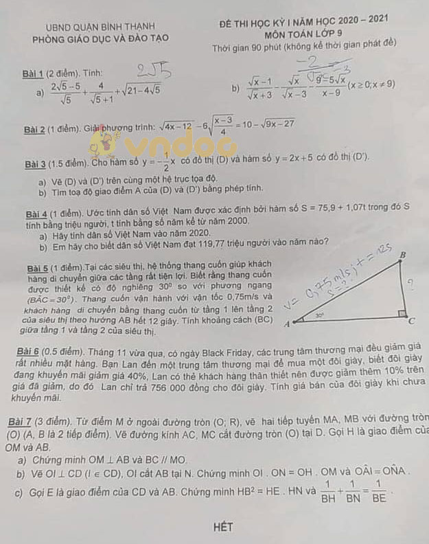 Đề thi học kì 1 Toán 9 Phòng GD&DT quận Bình Thạnh năm 2020 - 2021