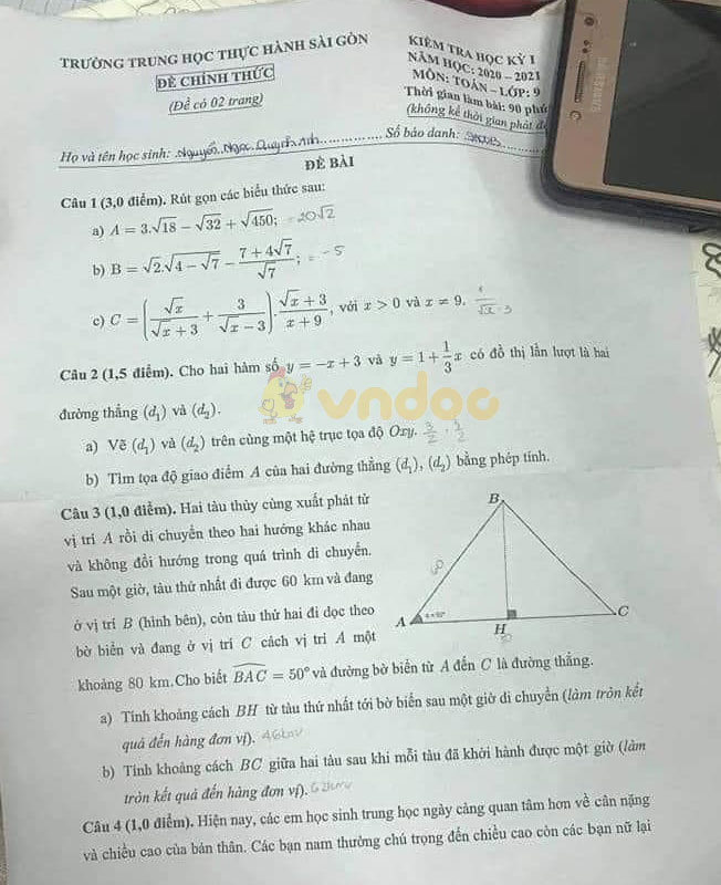 Đề thi học kì 1 Toán 9 Trường Trung học thực hành Sài Gòn năm 2020 - 2021