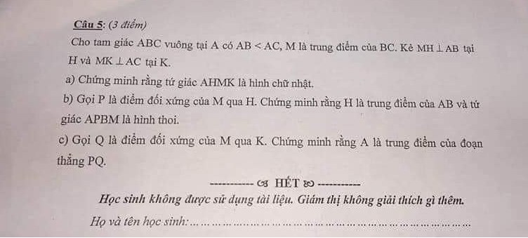 Đề thi học kì 1 Toán 9 Trường Trung học thực hành Sài Gòn năm 2020 - 2021