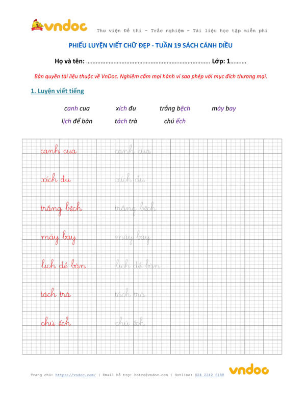 Phiếu luyện đọc lớp 1 tuần 19 sách Cánh Diều