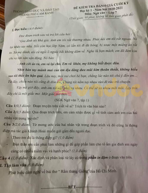 Đề thi học kì 1 Ngữ văn 7 năm 2020