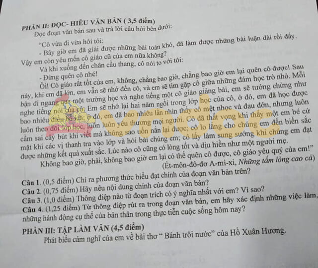 Đề thi học kì 1 Ngữ văn 7 năm 2020