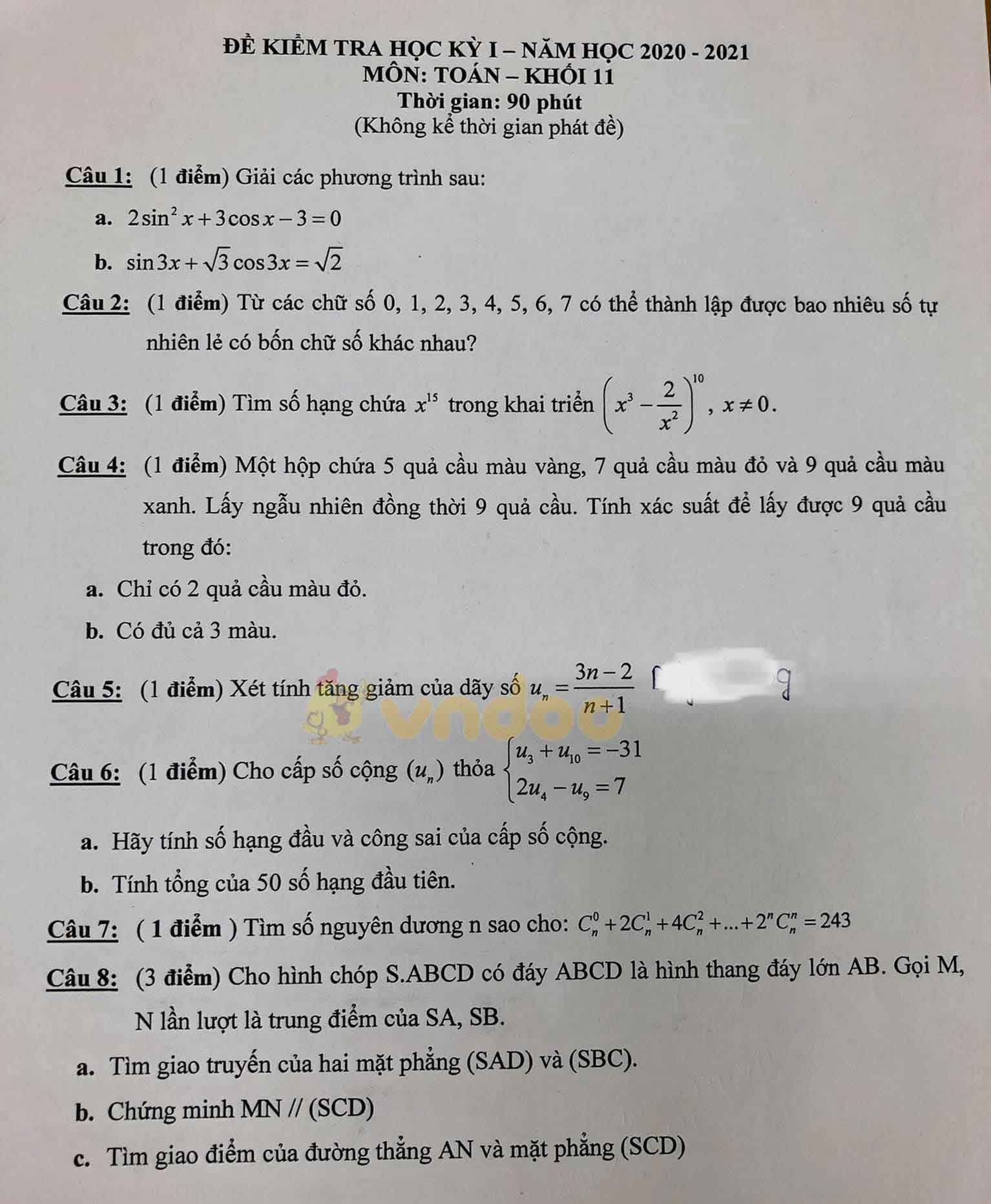 Đề thi học kì 1 Toán 11 năm 2020 - 2021