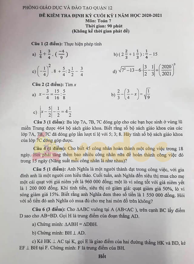 Đề thi học kì 1 lớp 7 môn Toán