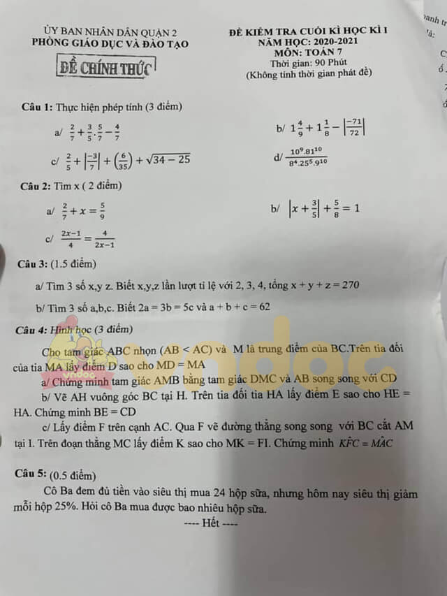 Đề thi học kì 1 lớp 7 môn Toán