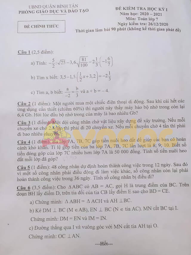 Đề thi học kì 1 lớp 7 môn Toán