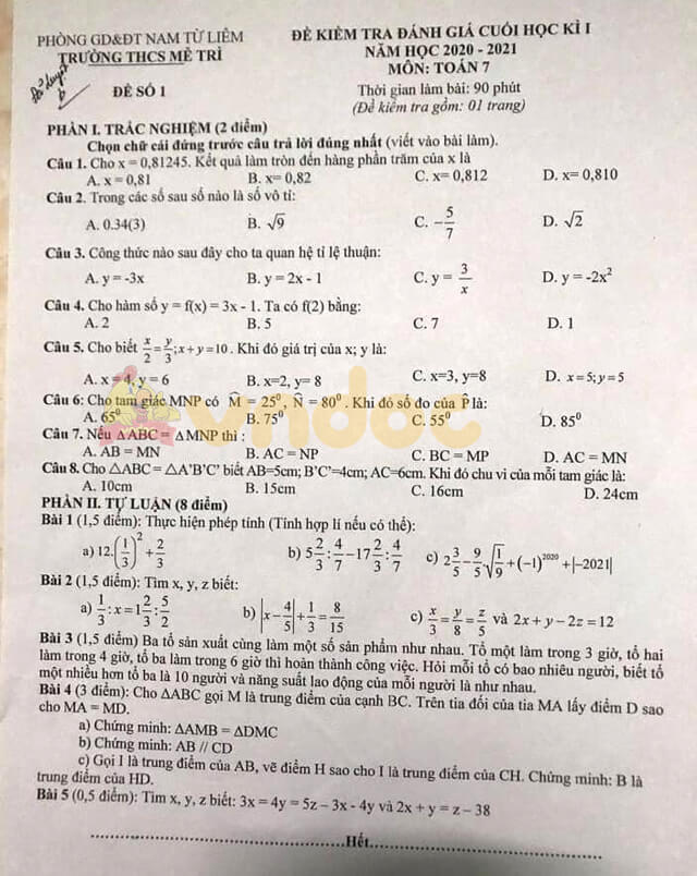 Đề thi học kì 1 lớp 7 môn Toán