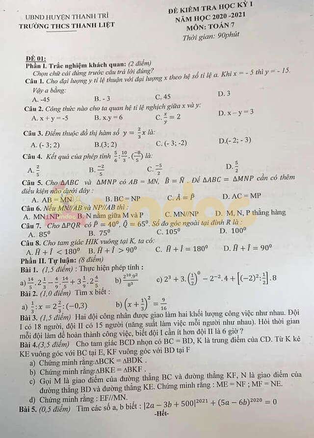 Đề thi học kì 1 lớp 7 môn Toán