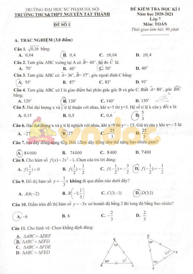 Đề thi học kì 1 Toán 7 năm 2020