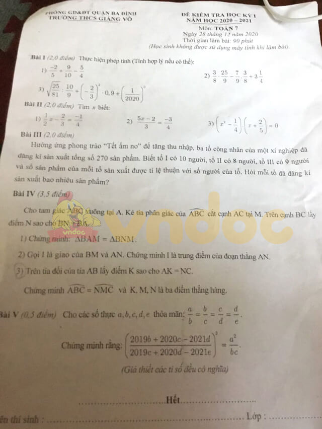 Đề thi học kì 1 lớp 7 môn Toán