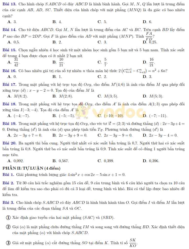 Đề thi học kì 1 Toán 11 Trường Chuyên Hà Nội Amsterdam năm 2020 - 2021