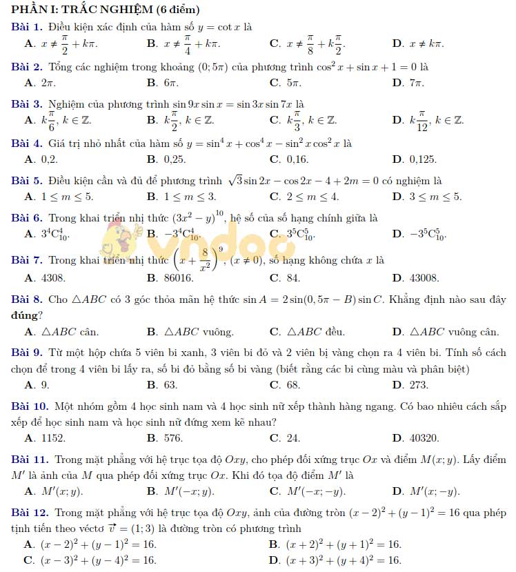 Đề thi học kì 1 Toán 11 Trường Chuyên Hà Nội Amsterdam năm 2020 - 2021