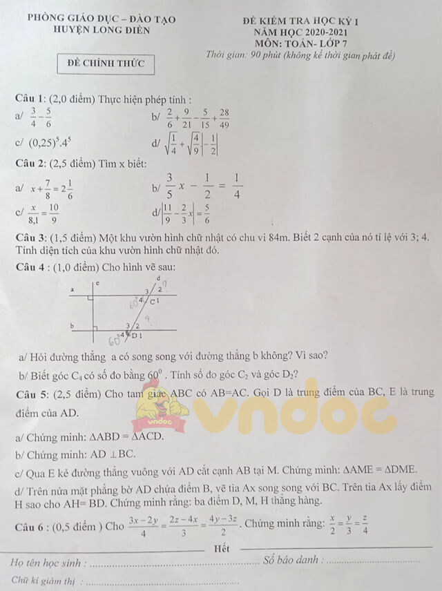 Đề thi học kì 1 lớp 7 môn Toán