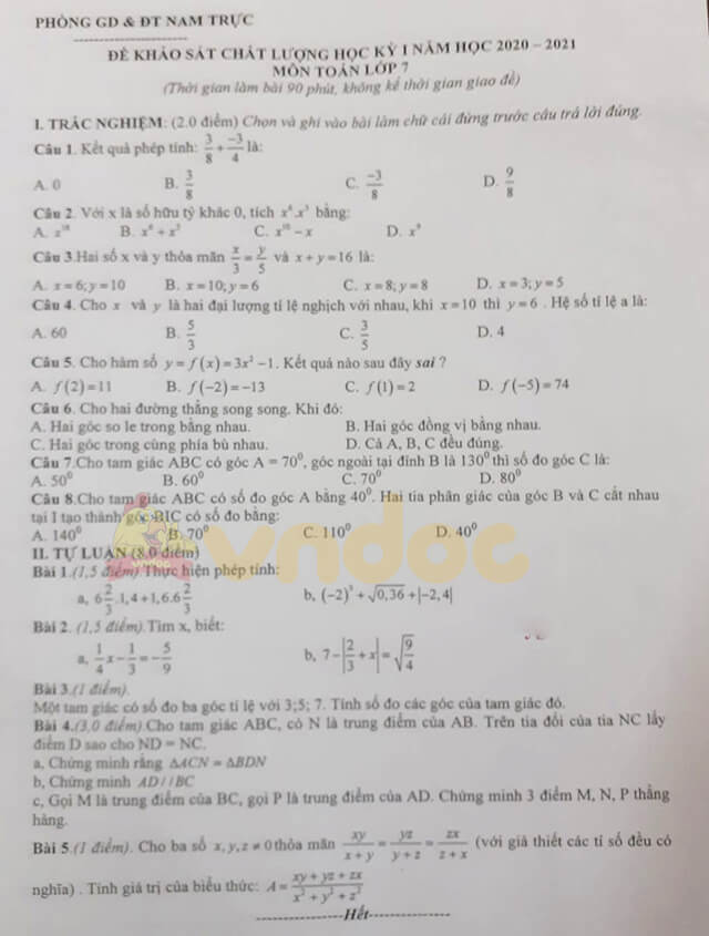 Đề thi học kì 1 lớp 7 môn Toán