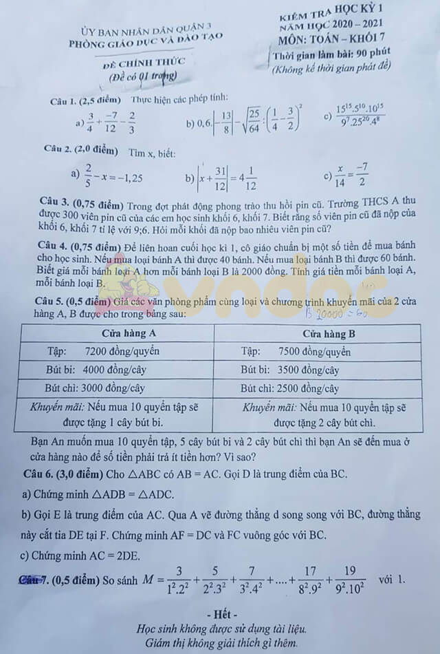 Đề thi học kì 1 lớp 7 môn Toán