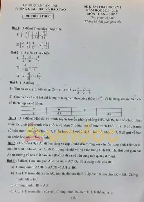 Đề thi học kì 1 lớp 7 môn Toán