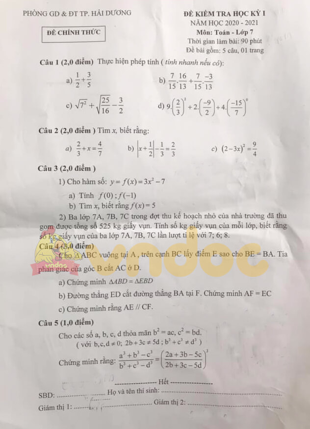 Đề thi học kì 1 lớp 7 môn Toán