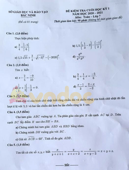 Đề thi học kì 1 lớp 7 môn Toán