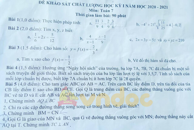 Đề thi học kì 1 lớp 7 môn Toán