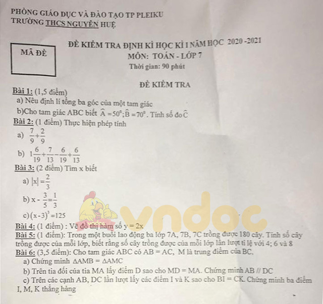 Đề thi học kì 1 lớp 7 môn Toán