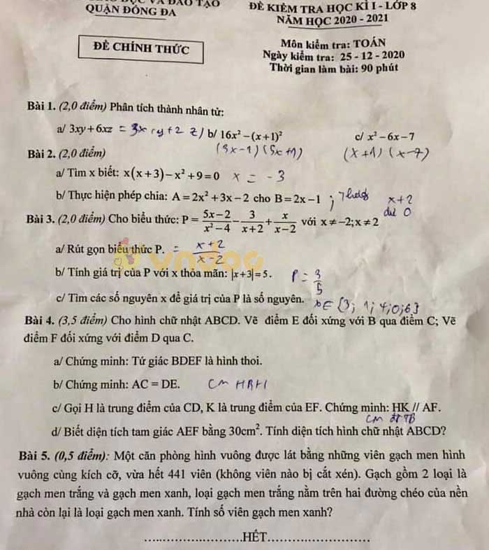 Đề thi học kì 1 Toán 8 Phòng GD&ĐT quận Đống Đa, Hà Nội năm 2020 - 2021