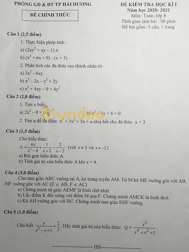 Đề thi học kì 1 Toán 8 Phòng GD&ĐT TP Hải Dương năm 2020 - 2021
