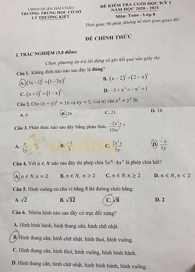 Đề thi học kì 1 Toán 8 Trường THCS Lý Thường Kiệt, Hải Châu năm 2020 - 2021