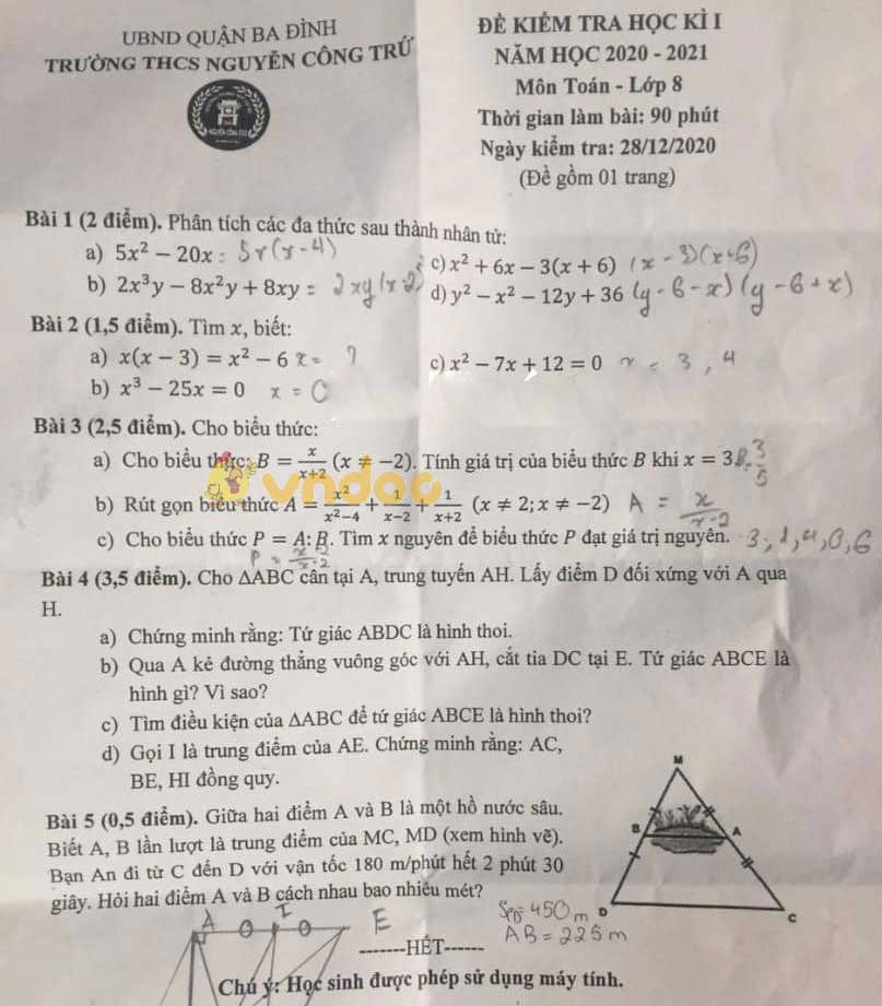 Đề thi học kì 1 Toán 8 Trường THCS Nguyễn Công Trứ, Ba Đình năm 2020 - 2021