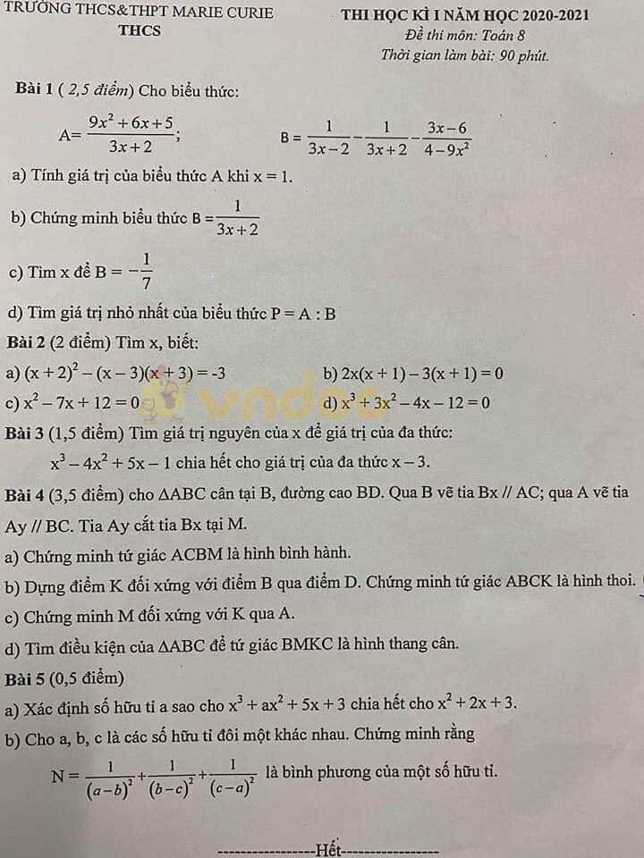 Đề thi học kì 1 Toán 8 Trường THCS & THPT Marie Curie, Hà Nội năm 2020 - 2021