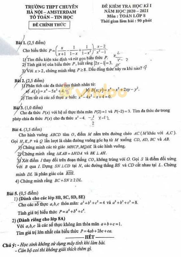 Đề thi học kì 1 Toán 8 Trường THPT Chuyên Hà Nội – Amsterdam năm 2020 - 2021