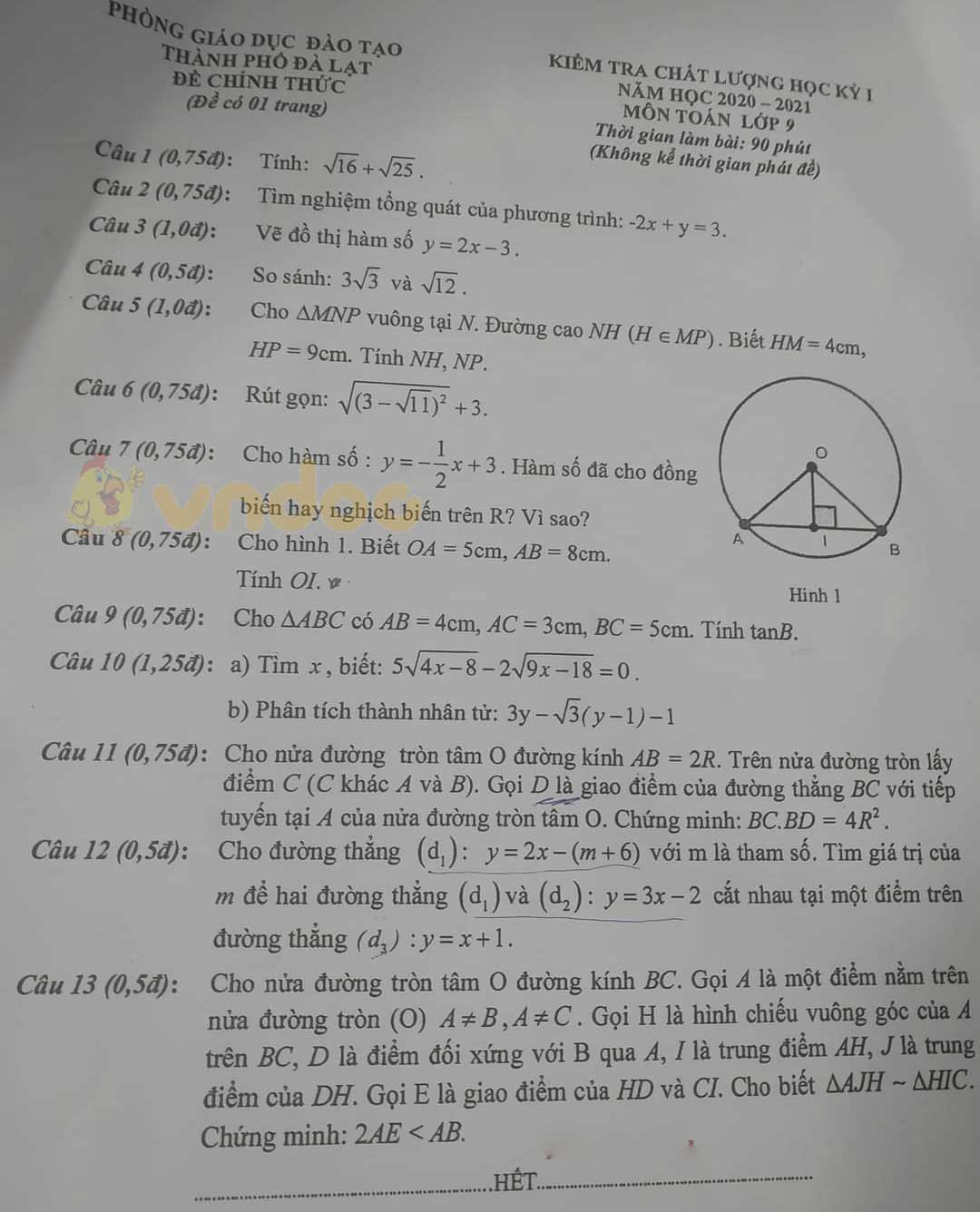 Đề thi học kì 1 Toán 9 Phòng GD&ĐT Đà Lạt năm 2020 - 2021