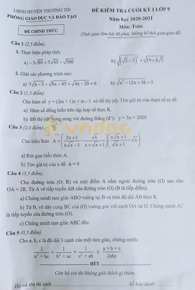 Đề thi học kì 1 Toán 9 Phòng GD&ĐT huyện Thường Tín, Hà Nội năm 2020 - 2021