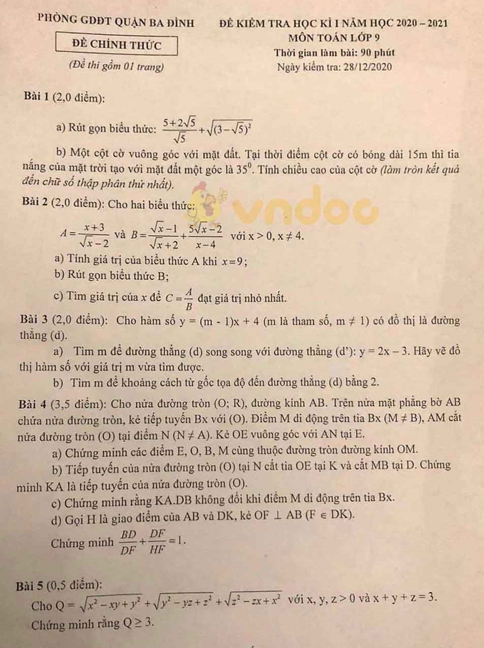 Đề thi học kì 1 Toán 9 Phòng GD&ĐT quận Ba Đình, Hà Nội năm 2020 - 2021