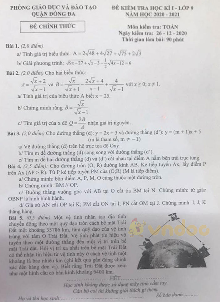 Đề thi học kì 1 Toán 9 Phòng GD&ĐT quận Đống Đa, Hà Nội năm 2020 - 2021