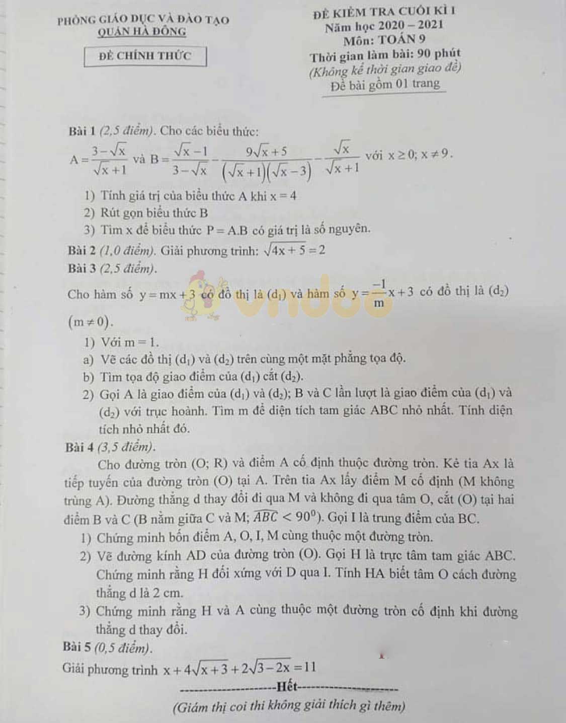 Đề thi học kì 1 Toán 9 Phòng GD&ĐT quận Hà Đông, Hà Nội năm 2020 - 2021