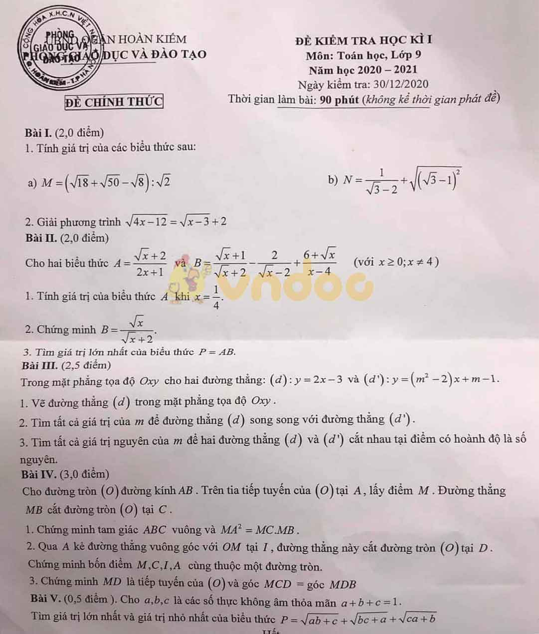Đề thi học kì 1 Toán 9 Phòng GD&ĐT quận Hoàn Kiếm năm 2020 - 2021
