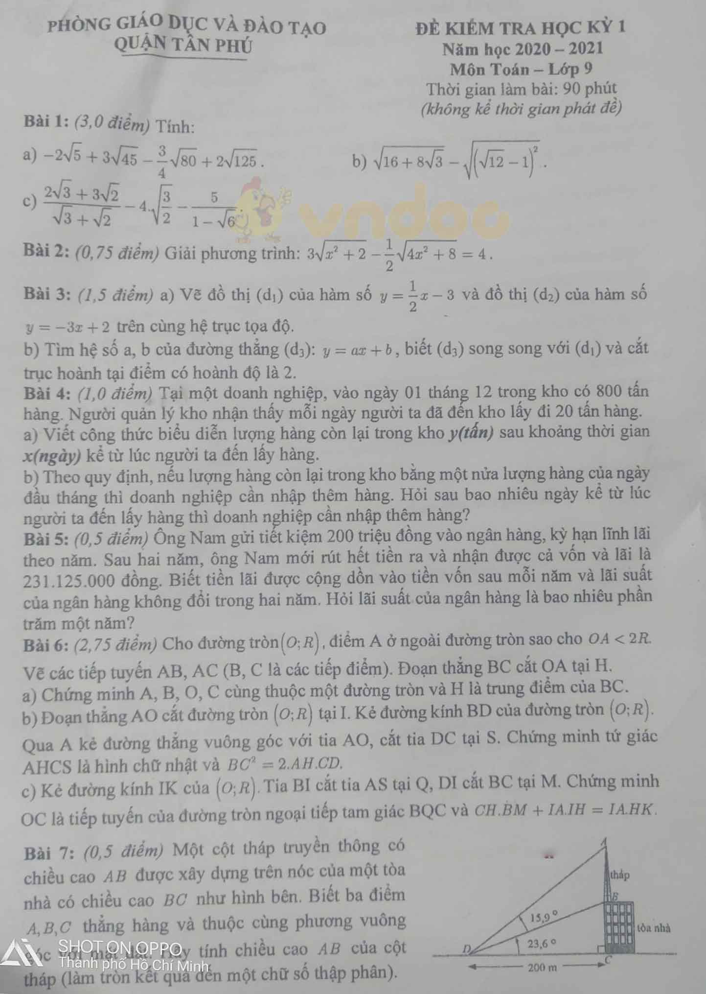 Đề thi học kì 1 Toán 9 Phòng GD&ĐT quận Tân Phú năm 2020 - 2021