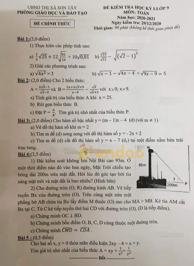 Đề thi học kì 1 Toán 9 Phòng GD&ĐT thị xã Sơn Tây năm 2020 - 2021