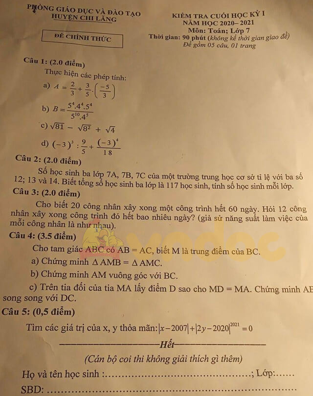 Đề thi học kì 1 lớp 7 môn Toán